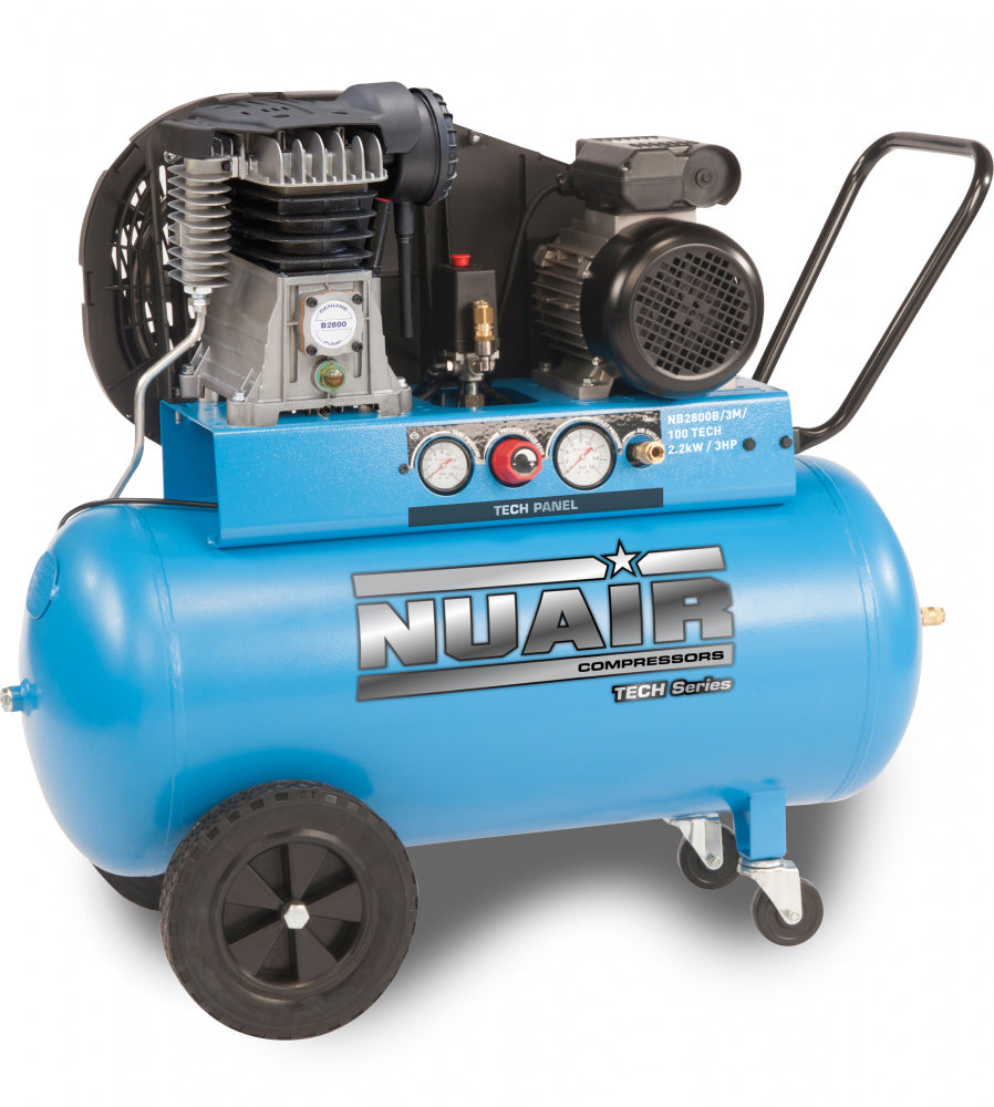 NUAIR TECH PRO UK 2.2kW/3Hp 100Lt 10 Bar Portable Compressor, Tech Panel